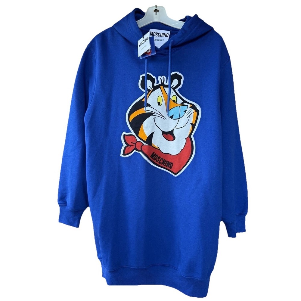 Moschino Tony Tiger Hoodie Dress Blue Graphic Sweatshirt Women Size 4 NWT